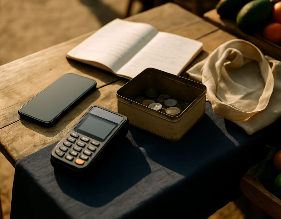 Market trader's table with a smartphone, a portable card machine and a cash tin
